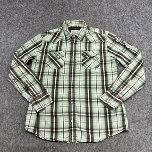 BKE Vintage Shirt Mens L Green Plaid Long Sleeve Snap Western Patches Slim‎ Fit